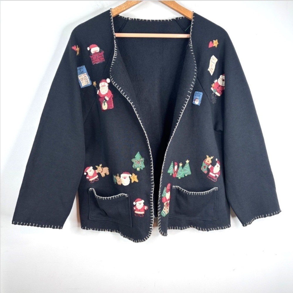 VTG Puff Paint Christmas Cardigan XL Embroidered Open Front Santa Granny Holiday